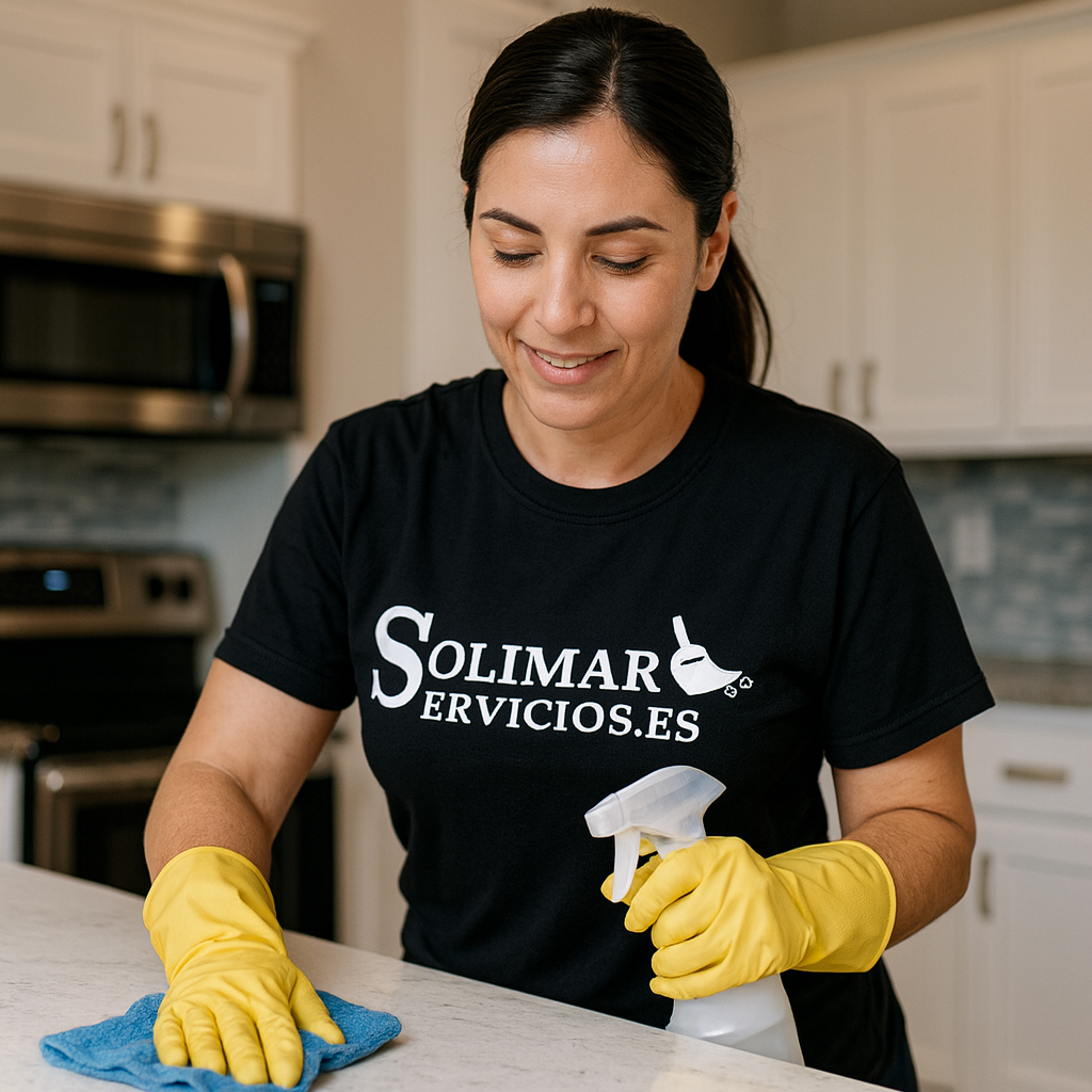 Trabajadora de Solimar Servicios limpiando una cocina con camiseta negra corporativa y guantes, servicio de limpieza profesional en Sevilla.